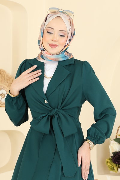 S.L. - Kruvaze Yaka Bağcıklı Elbise 2812SL432-MS Petrol - 427132