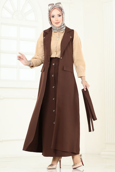 U.K.B. - Kruvaze Yaka Etekli Takım 23022UKB139-MS Kahve - 360252