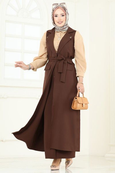 U.K.B. - Kruvaze Yaka Etekli Takım 23022UKB139-MS Kahve