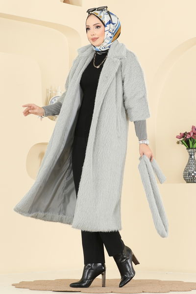 A.L. - Kruvaze Yaka Kürk Kaban 4405AL357-MS Gri - 418918