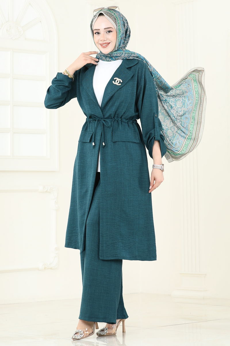 Kruvaze Yaka Tesettür Takım 2584MP806-MS Petrol