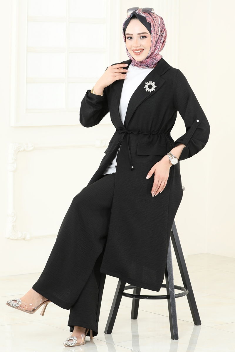 Kruvaze Yaka Tesettür Takım 2584MP806-MS Siyah