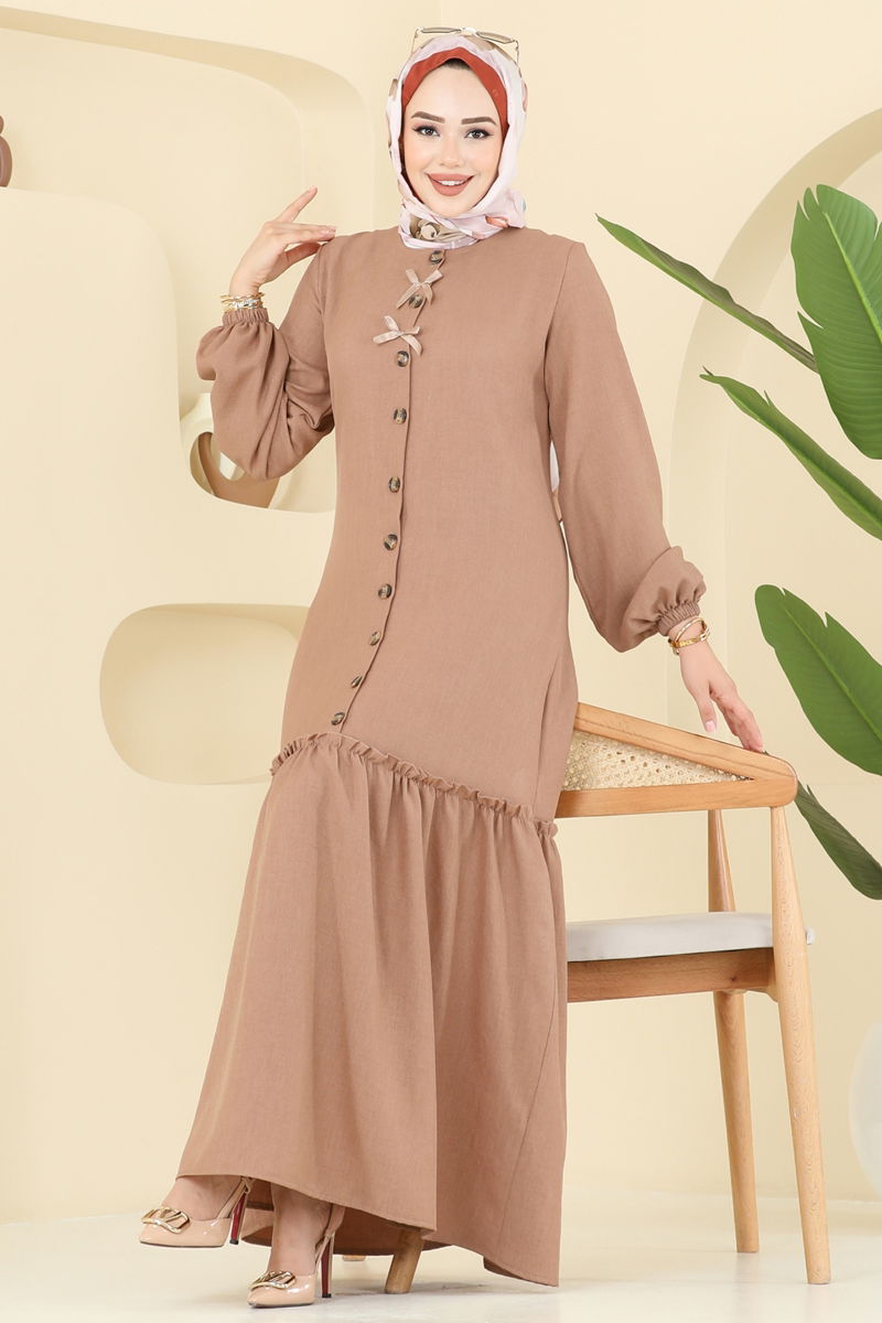 Kurdela Detaylı Sofia Elbise 4115PM271-MS Latte