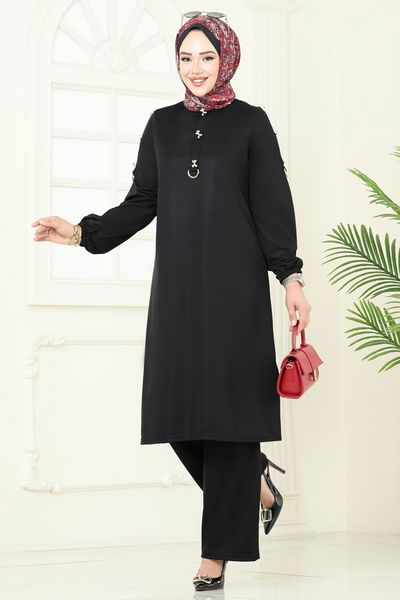 D.V.L. - Kurdele Aksesuarlı Tesettür Takım 452DVL817-MS Siyah - 377606