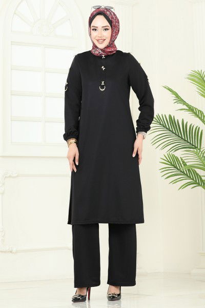 D.V.L. - Kurdele Aksesuarlı Tesettür Takım 452DVL817-MS Siyah