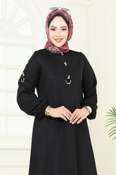 D.V.L. - Kurdele Aksesuarlı Tesettür Takım 452DVL817-MS Siyah - 377610