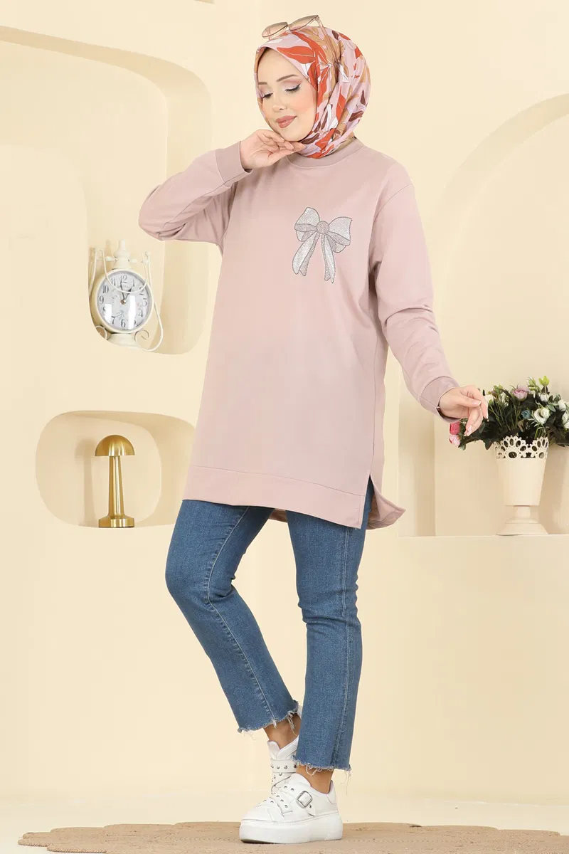 Kurdele Desenli İki İp Tunik 305OZN1046-MS Pudra Vizyon