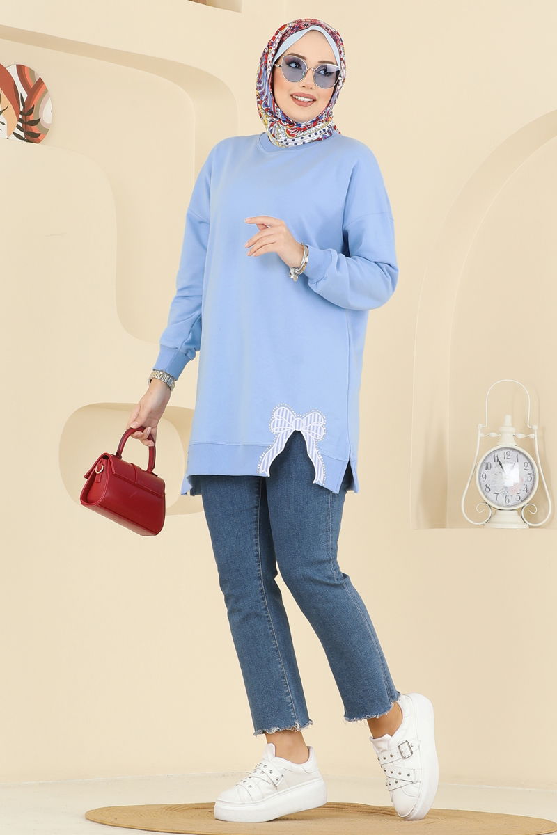 Kurdele Yırtmaçlı İki İp Tunik 7095TEG847-MS Bebe Mavisi