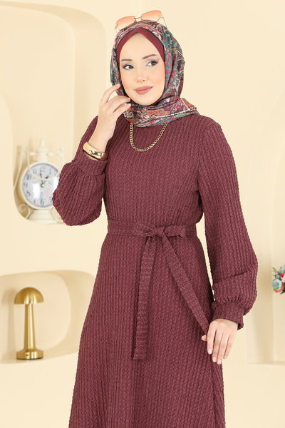 E.R.K. - Kuşak Detaylı Bürümcük Elbise 4575ERK1158-MS Bordo - 426575