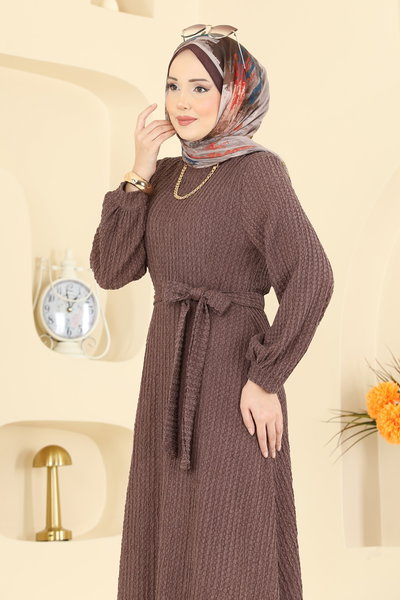 E.R.K. - Kuşak Detaylı Bürümcük Elbise 4575ERK1158-MS Kahve - 426584