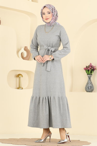 P.R.M. - Kuşak Detaylı Tivit Elbise 702PM271-MS Gri - 422644