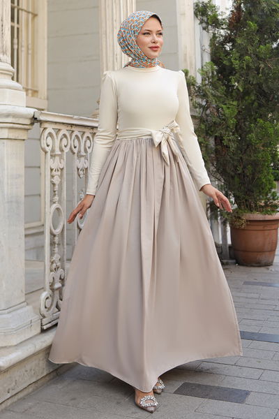 A.N.T. - Kuşaklı Sandy Elbise 2423ANT466-MS Taş - 370719