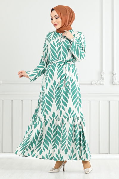 MRV O.Z.R. - Leaf Patterned Hijab Dress 827OZR1047-M Mint - 352538