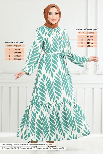 MRV O.Z.R. - Leaf Patterned Hijab Dress 827OZR1047-M Mint - 353929