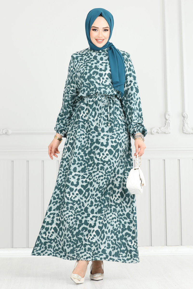 Leopar Desen Viskon Elbise 803OZN1046-MS Petrol