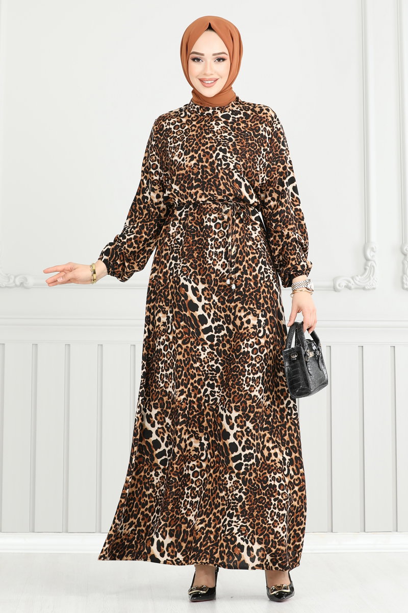 Leopar Desen Viskon Elbise 803OZN1046-MS Siyah