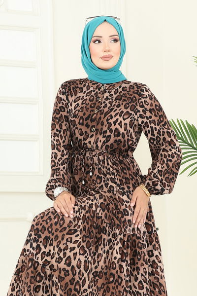 E.R.K. - Leopar Desenli Viskon Elbise 7130ERK1158-MS Kahve - 398513