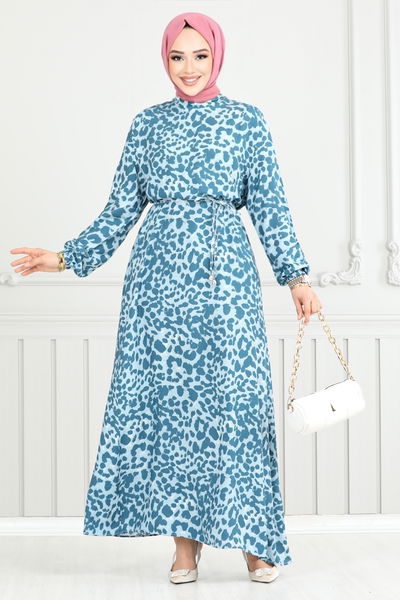 MRV O.Z.R. - Leopard Pattern Viscose Dress 803OZR1047-M Indigo - 350171