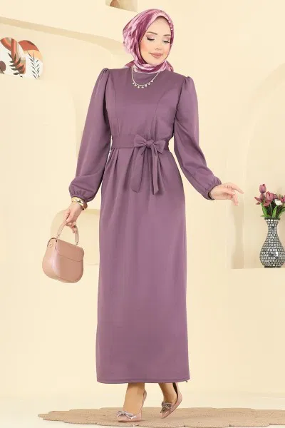 U.K.B. - Manşet Lastikli Kuşaklı Elbise 25008UKB139-MS Gül Kurusu