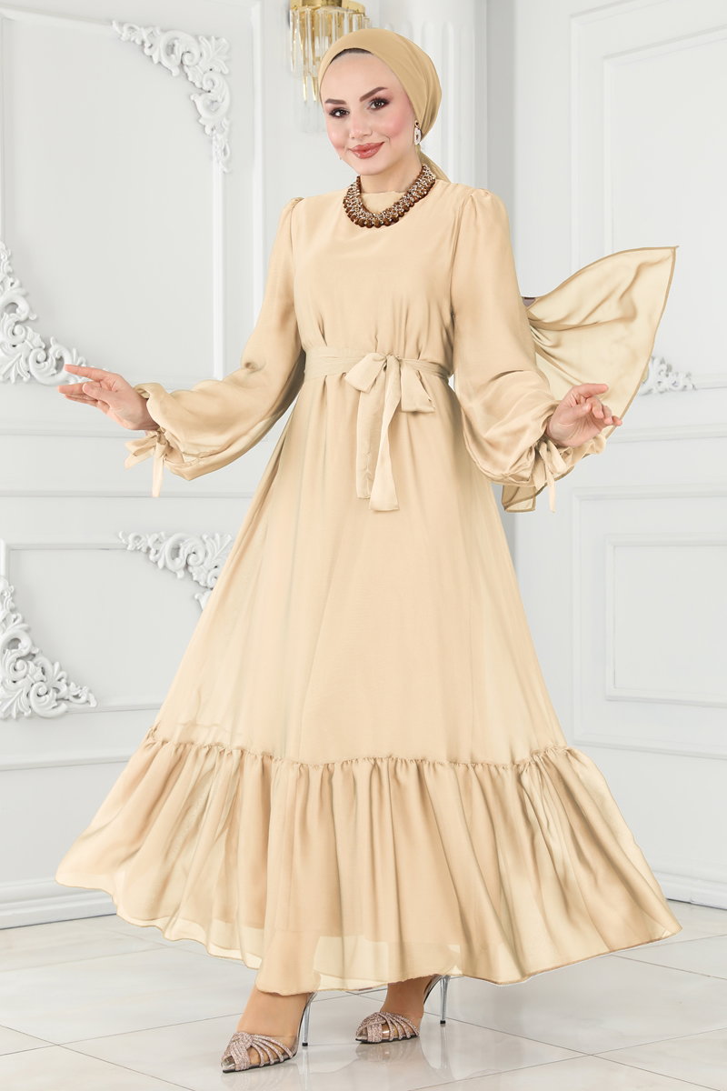 Manşeti Bağcıklı Abiye Elbise 5678EDF311-MS Gold