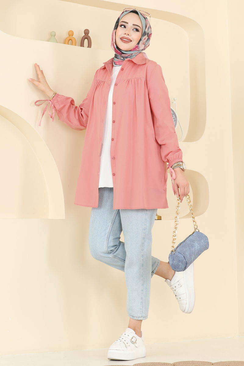 Manşeti Bağcıklı Terikoton Gömlek 337ASN888-MS Gül Kurusu