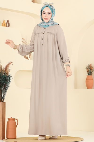 E.R.K. - Manşeti Lastik Detaylı Elbise 7103ERK1158-MS Taş - 393284