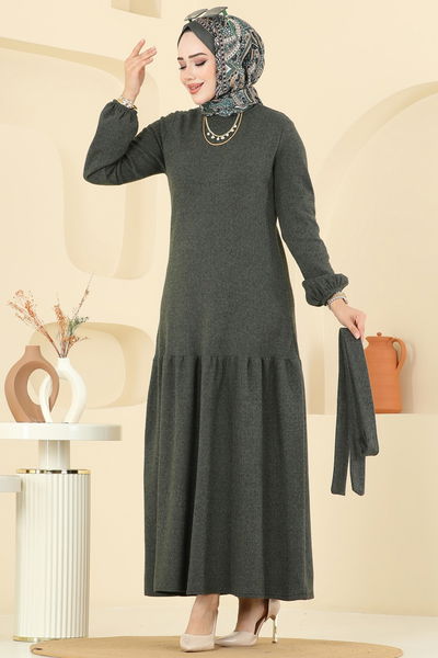 U.K.B. - Manşeti Lastikli Balıksırtı Elbise 24002UKB139-MS Haki - 393440