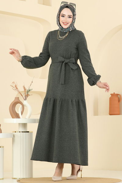 U.K.B. - Manşeti Lastikli Balıksırtı Elbise 24002UKB139-MS Haki - 393442