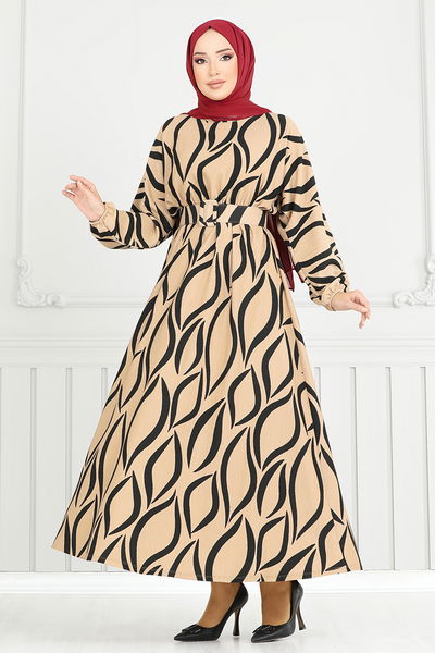 MRV T.G.E. - Manşeti Lastikli Desenli Elbise 4026TGE913-M Latte - 348547