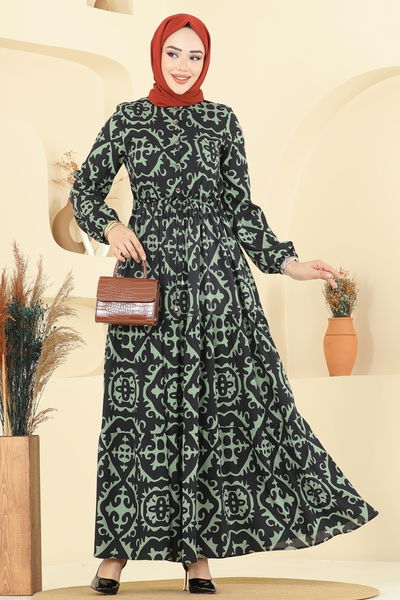 E.R.K. - Manşeti Lastikli Desenli Elbise 7134ERK1158-MS Çağla - 398551