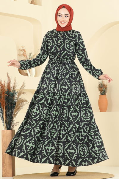 E.R.K. - Manşeti Lastikli Desenli Elbise 7134ERK1158-MS Çağla - 398552