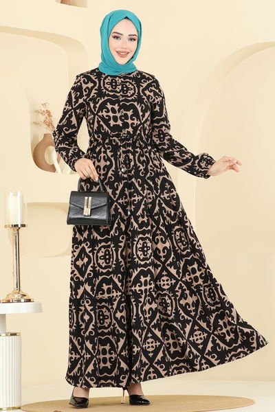 E.R.K. - Manşeti Lastikli Desenli Elbise 7134ERK1158-MS Vizyon - 398574