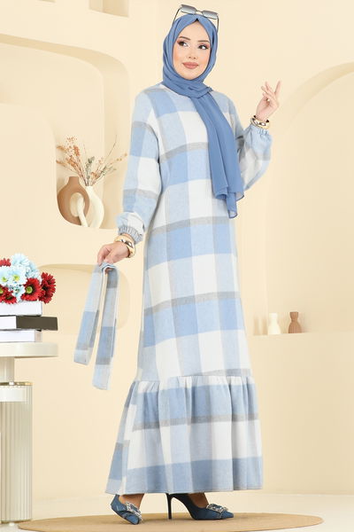 S.V.L. - Manşeti Lastikli Ekose Elbise 9010S324-MS Bebe Mavi - 401241