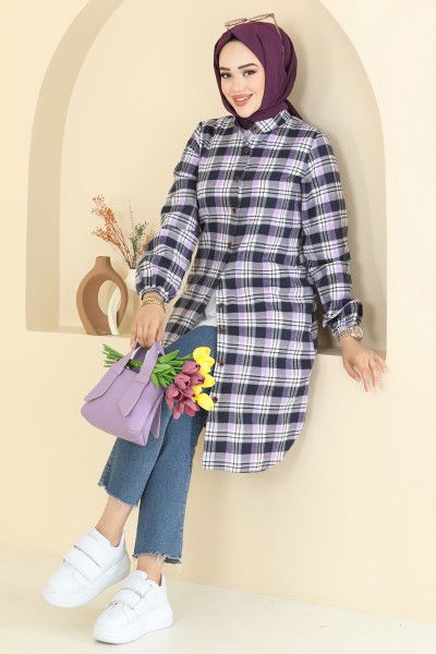 P.R.M. - Manşeti Lastikli Ekose Tunik 4123PM271-MS Lila