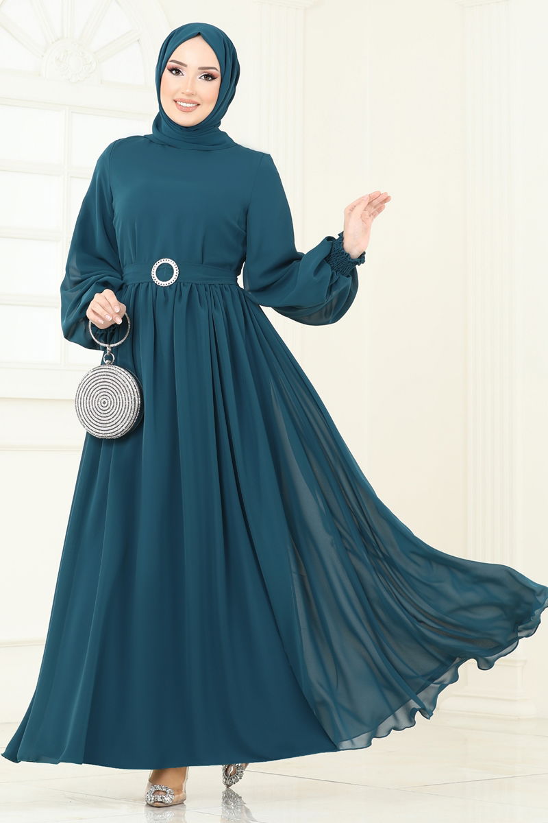 Manşeti Lastikli Şifon Elbise 5672EDF311-MS Petrol