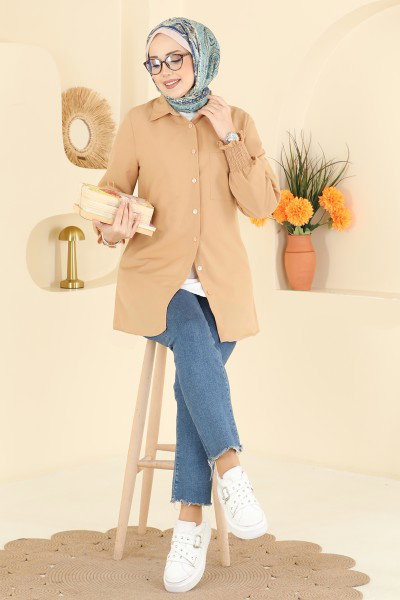 A.S.N. - Manşeti Lastikli Terikoton Gömlek 338ASN888-MS Latte