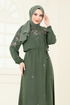 Manşeti Lastikli Viskon Elbise 819OZN1046-MS Haki - Thumbnail