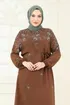 Manşeti Lastikli Viskon Elbise 819OZN1046-MS Kahve - Thumbnail