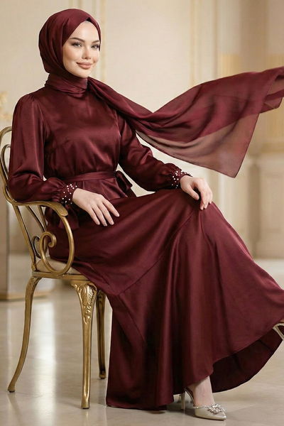MRV A.Y.D. - Manşeti Taşlı Saten Elbise 2789AYD969-M Bordo - 425840