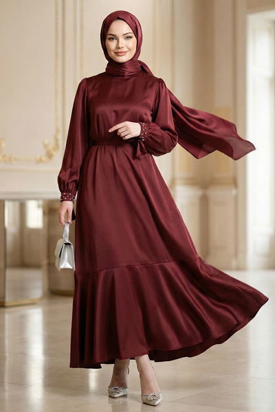 MRV A.Y.D. - Manşeti Taşlı Saten Elbise 2789AYD969-M Bordo - 425841