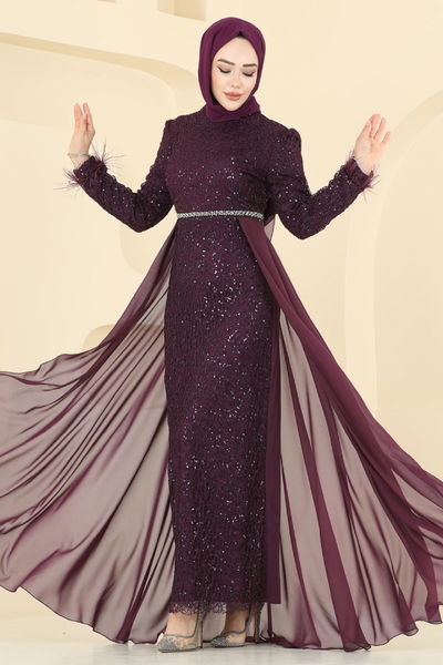 E.L.C. - Manşeti Tüy Detaylı Şifon Abiye 2830ELC1143-MS Mürdüm - 404432