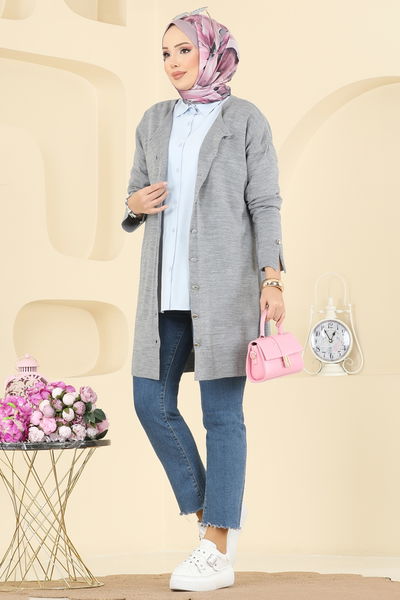 U.Z. - Manşeti Yırtmaçlı Triko Hırka 2437UZ662-MS Gri - 413733