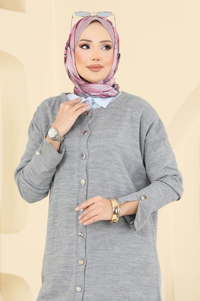 U.Z. - Manşeti Yırtmaçlı Triko Hırka 2437UZ662-MS Gri - 413735