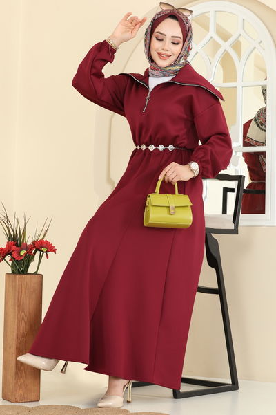 T.E.G. - Metal Kemerli Scuba Elbise 8008TEG847-MS Bordo - 410753