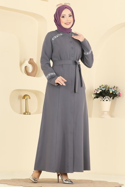 P.L. - Nakış Detaylı Dabıl Ferace PL9196-MS Antrasit - 423503