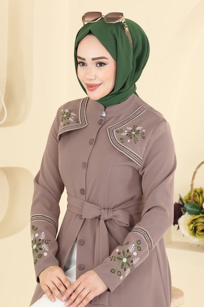 P.L. - Nakış Detaylı Elbise Ferace PL9211-MS Pudra Vizyon - 425929