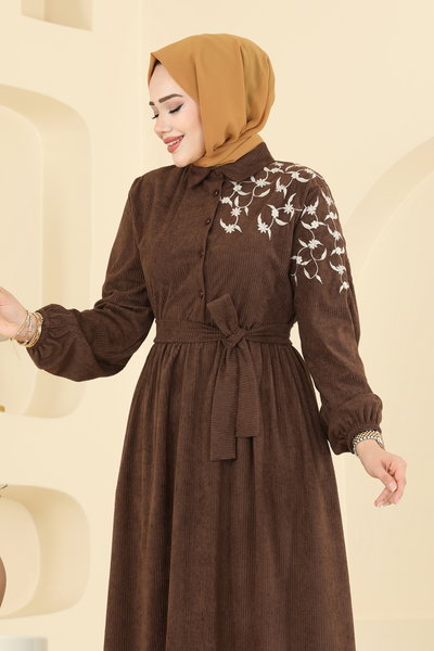 A.S.N. - Nakış Detaylı Kadife Elbise 312ASN888-MS Kahve - 416202