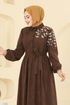 Nakış Detaylı Kadife Elbise 312ASN888-MS Kahve - Thumbnail