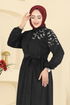 Nakış Detaylı Kadife Elbise 312ASN888-MS Siyah - Thumbnail
