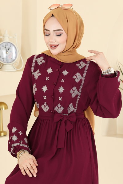 A.S.N. - Nakış Detaylı Krep Elbise 317ASN888-MS Bordo - 428932
